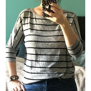 Pomelo‎ Womens Gray Black Striped 3/4 Dolman Sleeve Boat Neck Knit Top Sweater
